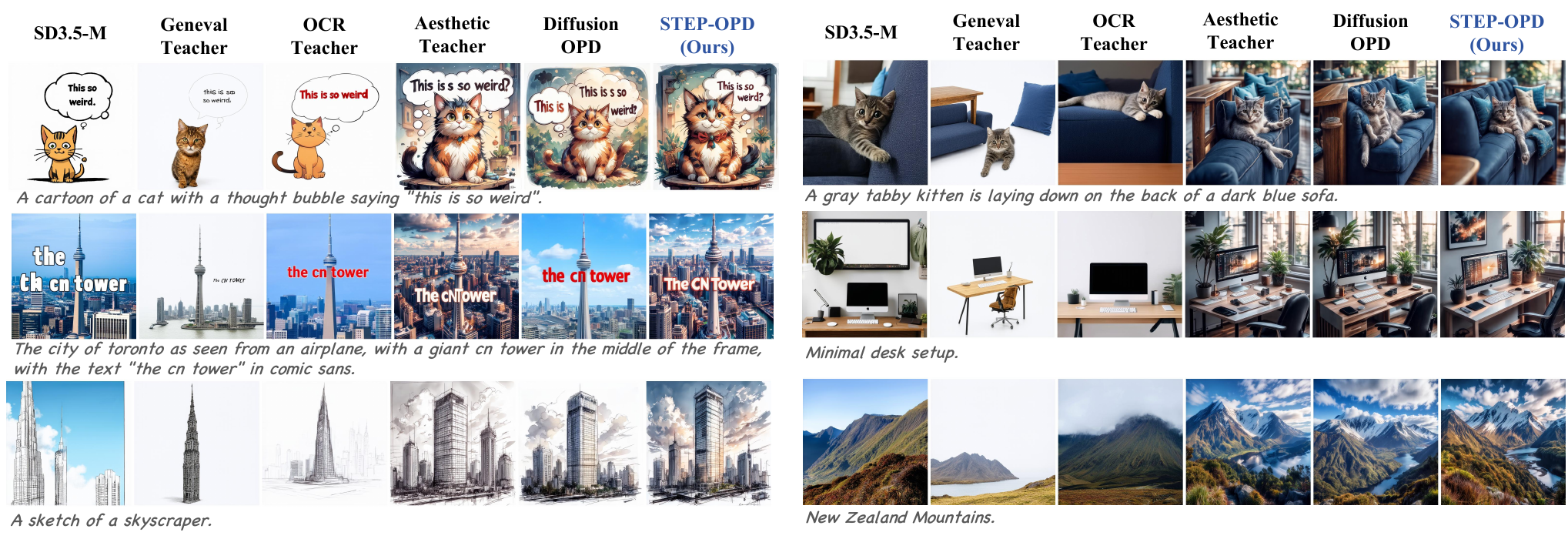 Qualitative comparison of SD3.5-M, teachers, DiffusionOPD, and STEP-OPD.